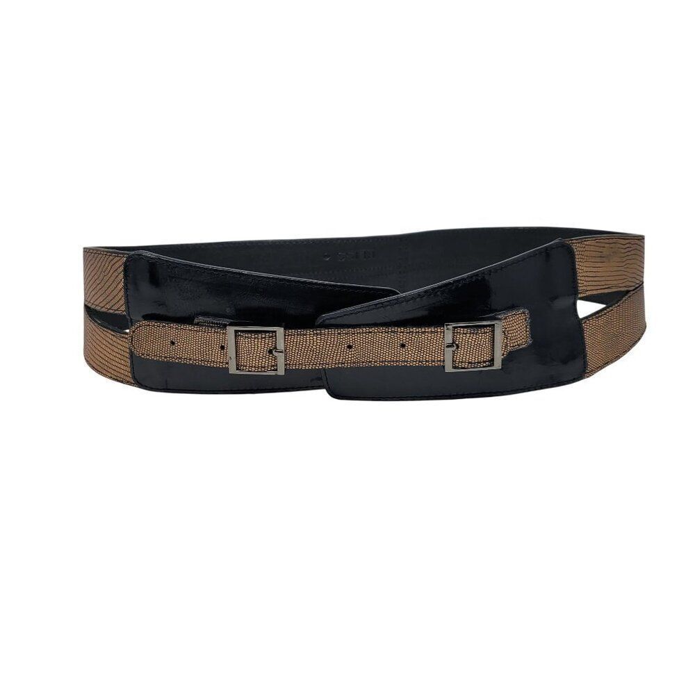 Reiss Womens Waist Belt Patent Leather Metallic Copper Double Buckle